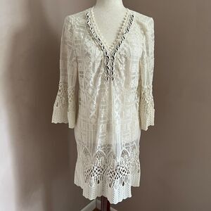 Miho's Italy Lace Crochet Cover Up Tunic Dress Shell Beaded Vacation Euro Summer